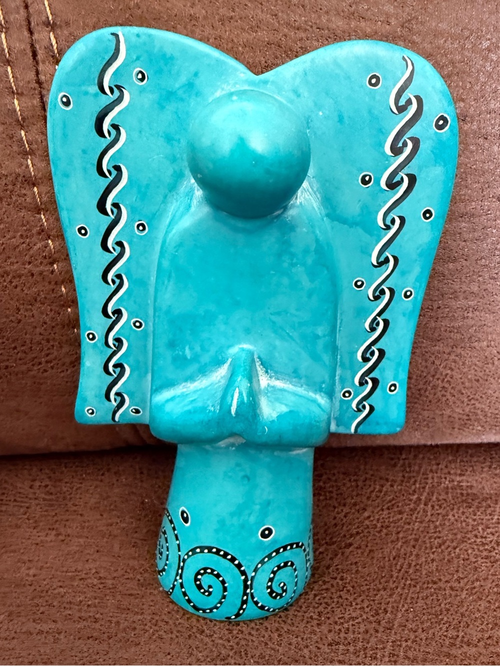 Soapstone Turquoise Praying Angel Hand Carved Painted Kenya Etched Angel